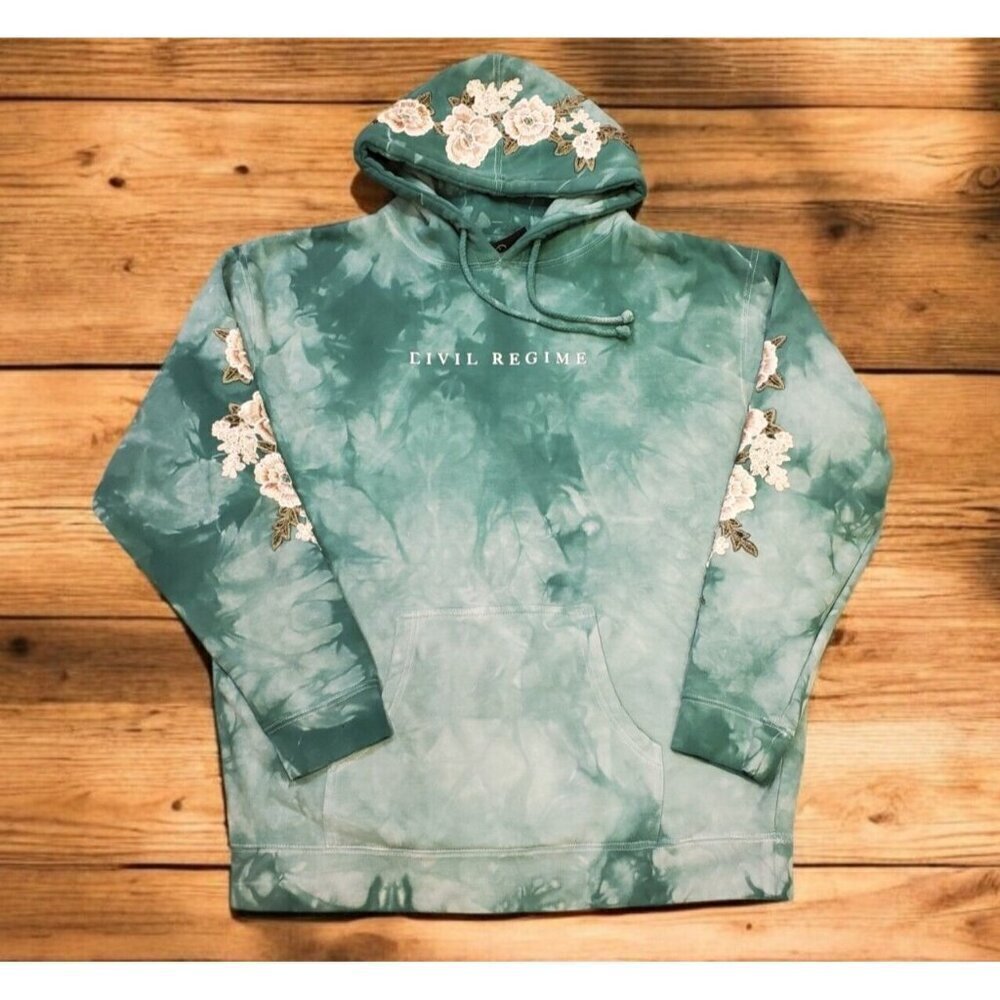 Civil Regime‎ Aqua Marble Rose Hoodie Men's Size L Tie Dye Embroidered Flowers